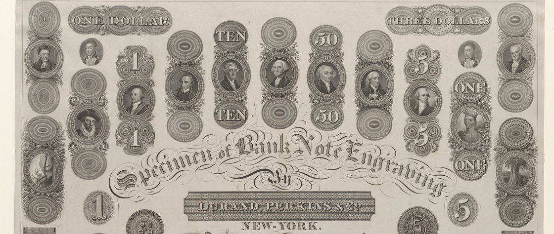 Photograph of an engraved sheet from 1828. Rows of oval counters carrying the denominations One Dollar, Three Dollars, Ten, Fifty and the numerals 1, 2, 5 and 50, each filled with a lathe-turned rosette, surround small oval portrait medallions. Across the middle, in engraved script, runs the sheet’s own title: Specimen of Bank Note Engraving by Durand, Perkins & Co., New-York.